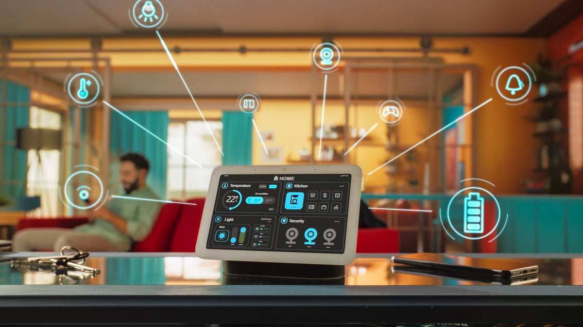 Creative Smart Home Device with Dark Theme Infographics Shown on Display with Concept Icons
