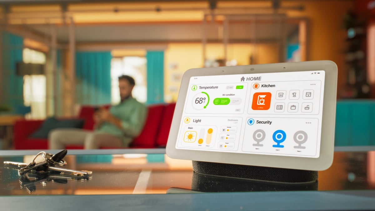 Creative Smart Home Device with Light Theme Infographics Shown on Display