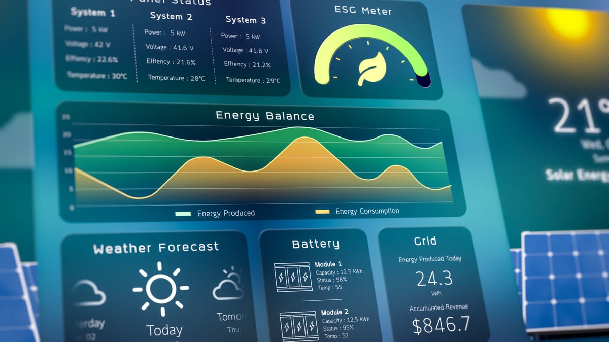 Solar power monitoring system, digital infographic data of green energy management app dashboard