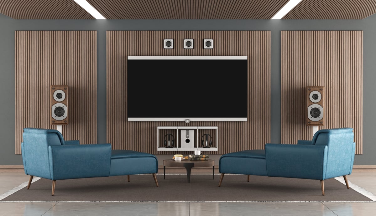 Stylish home theater with large screen TV
