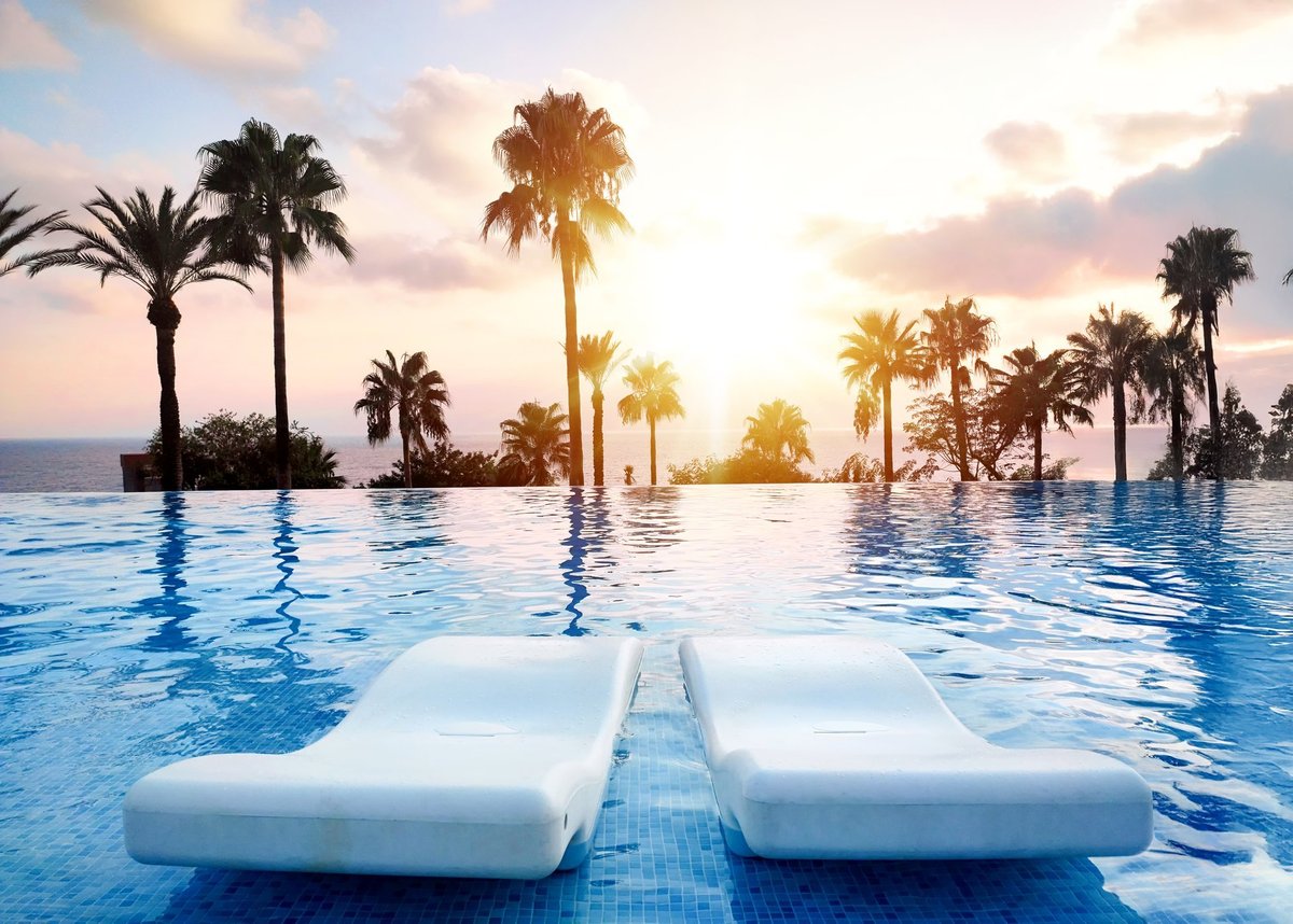 A tranquil sunset view with palm trees