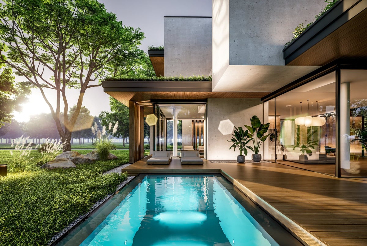 3d rendering of two-story house with parking and pool