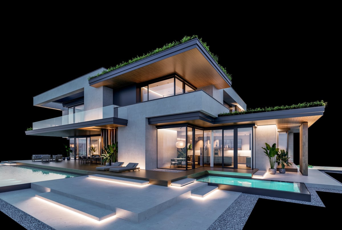 3d rendering of two-story house with parking and pool for sale or rent with concrete facade and beautiful landscaping on background. Clear night isolated on black
