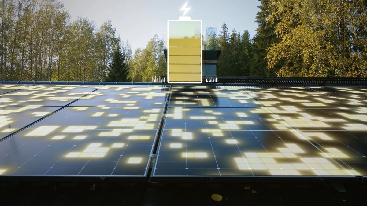 Charging battery icon with electricity visualization on solar panel house roof