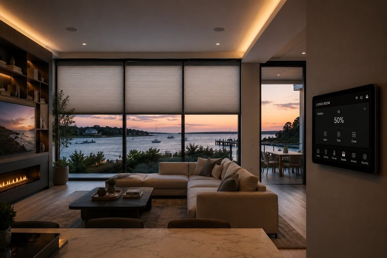Modern luxury living room with floor-to-ceiling windows overlooking a sunset lake view, neutral furnishings, warm ambient lighting, and a smart home control panel on the wall
