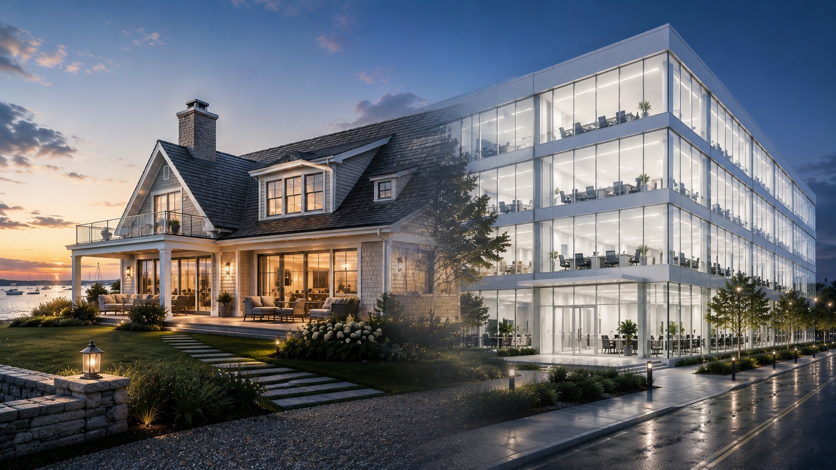 Modern glass office building next to illuminated traditional home at dusk with landscaped grounds