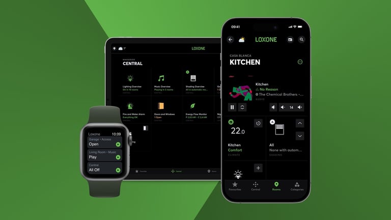 Three smart devices displaying a dark-themed home automation app interface on a green background