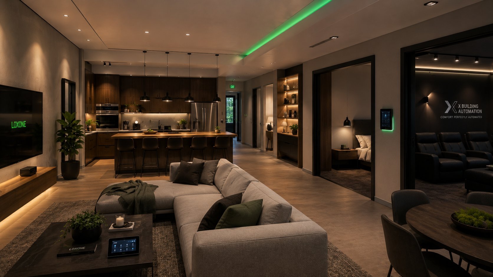 Modern luxury apartment interior with open-concept living room, beige sectional sofa, ambient lighting, and connected kitchen and bedroom areas